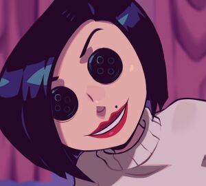 animated animated_gif beauty_mark big_breasts black_hair boob_drop breasts button_eyes coraline covered_nipples female looking_at_viewer other_mother red_lipstick smiling speedosausage sweater sweater_lift tagme