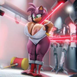 3d amy_rose amy_rose_(vulkyasha) anthro ass big_ass big_breasts big_butt breasts clothed clothing female hammer kidnapping machine robot sega solo sonic_(series) surrounded tools topless vulkyasha