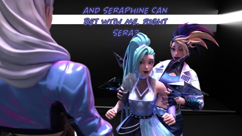 3d 3d_(artwork) 3girls akali blender blender_(software) blender_cycles blonde_hair blue_hair clothed erevos evelynn female female_only gloves holding_another's_arm image_set jacket k/da_all_out_akali k/da_all_out_evelynn k/da_all_out_seraphine k/da_all_out_series k/da_series league_of_legends seraphine_(league_of_legends) skirt teal_hair two-tone_hair white_hair yellow_eyes