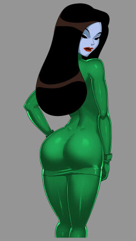 1girls 2d ass ass_focus batman:_the_animated_series batman_(series) big_ass black_hair calendar_girl_(dc) dc dc_comics dcau female female_only game_cg green_outfit hand_on_hip looking_at_viewer looking_back mask masked_female page_monroe solo solo_female something_unlimited sunsetriders7 the_new_batman_adventures