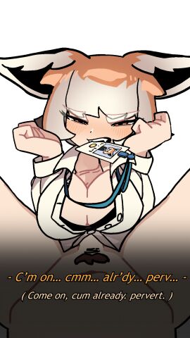 1boy 1girls animal_ears animated between_breasts big_breasts blush breasts clothed employee_uniform female looking_at_partner male orange_hair original paizuri penis short_hair text white_hair yako_(yakobin) yako_bin