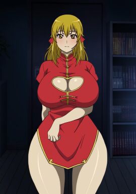 1girls blonde_hair breasts character_request cleavage clothing copyright_request female huge_breasts large_breasts screencap thick_thighs wide_hips yellow_eyes