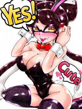 +_+ 1girls bare_shoulders black_thighhighs blush breasts bunny_ears bunny_girl bunny_tail bunnysuit callie_(splatoon) cleavage english_text female heart highres inkling inkling_girl large_breasts leotard mazuo917 mole mole_under_eye nintendo playboy_bunny pointy_ears sitting sleeveless splatoon splatoon_(series) tentacle_hair thighhighs twintails white_background yellow_eyes