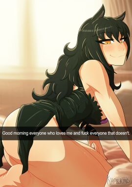 1girls 2d artist_signature ass big_ass black-haired_female black_hair blake_belladonna blush blushing blushing_female cat_ears english english_text faunus female female_focus female_only khartemis light-skinned_female light_skin long-haired_female long_hair looking_at_viewer rooster_teeth rwby snapchat solo solo_female solo_focus suggestive_pose text yellow-eyed_female yellow_eyes