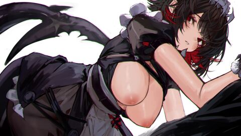 1girls bent_over big_breasts black_hair black_legwear blush boobs breasts detached_cuffs ellen_joe embarrassed exposed_breasts female female_only ginga_elyka light_skin maid maid_uniform naokomama nipples red_eyes shark_tail short_hair stockings tail zenless_zone_zero