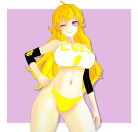 1girls 3d alternate_costume big_breasts blonde_female blonde_hair breasts busty combatwombat confident evaan female gym_clothes hi_res large_breasts long-haired_female long_hair looking_at_viewer navel pose posing purple_eyes rwby smile solo_female sportswear toned wink yang_xiao_long
