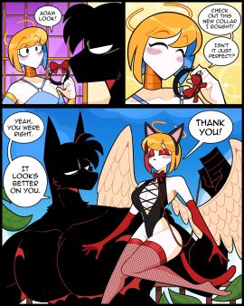 1440p 2boys 2k 3koma 4:5 adam_(idolomantises) angel angel_wings bangs big_breasts black_cat_ears black_collar black_eyes black_fur blonde_hair blue_clothing blue_hair blue_sky blush bow breasts broken_halo canine canon_couple cat_ears cat_tail child_bearing_hips choker collar comic couple demon dialogue dog_boy dog_ears domino_(idolomantises) english english_dialogue english_text exposed_shoulders eyebrows eyebrows_visible_through_hair eyelashes eyeliner eyeshadow fake_animal_ears fake_tail fallen_angel femboy fishnet_stockings fishnet_thighhighs fishnets floating fur halo hellhound hourglass_figure idolomantises incubus inner_sideboob large_breasts leash leash_and_collar leaves looking_at_partner male male_only mastectomy_scar monsters_and_girls muscular muscular_chest muscular_male purple_sky red_eyeshadow red_hair red_leash red_stockings red_tail red_thighhighs short_hair speech_bubble spiked_collar spikes stockings swept_bangs text text_bubble thick_thighs thighhighs thunder_thighs two-tone_hair white_eyes white_feathers white_skin white_wings wide_hips wings yellow_hair