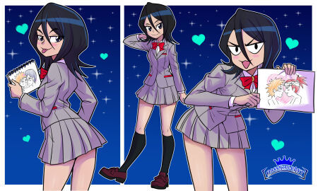 1girls 3boys ass ass_focus black_eyes black_hair bleach female female_pervert fujoshi full_body glasses hair_ornament ichigo_kurosaki kuchiki_rukia legs long_legs male medium_hair miniskirt multiple_boys multiple_males open_mouth pervert pixiv presenting red_hair renji_abarai school_uniform short_hair skirt uniform uryu_ishida