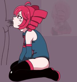 blowjob clothed cum cum_in_mouth female kasane_teto lewdthealess red_eyes red_hair sleeveless thighhighs throat_bulge twintails utau