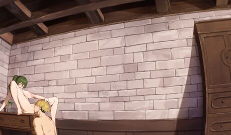 1boy arm_support barefoot blonde_hair blush brick_wall closed_eyes commentary completely_nude cunnilingus desk english_commentary feet female fisheye green_hair hand_on_another's_head indoors land_(sousou_no_frieren) leaning_back male nashidrop nude oral paid_reward_available parted_lips pussy sitting sousou_no_frieren stone_wall straight thighs toes ubel_(sousou_no_frieren) wardrobe wooden_ceiling