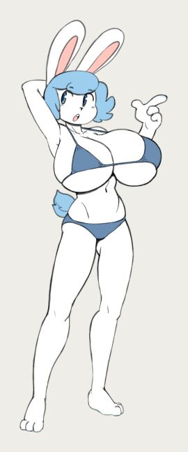 2019 3_toes 4_fingers angstrom anthro anthro_only big_breasts bikini biped blue_hair breast_implants breasts clothing digital_media_(artwork) feet female fingers fur grey_background hair hi_res huge_breasts lagomorph leporid mammal molly_(angstrom) open_mouth rabbit simple_background skinny small_waist solo swimwear toes top_heavy two-piece_swimsuit white_body white_fur white_hair