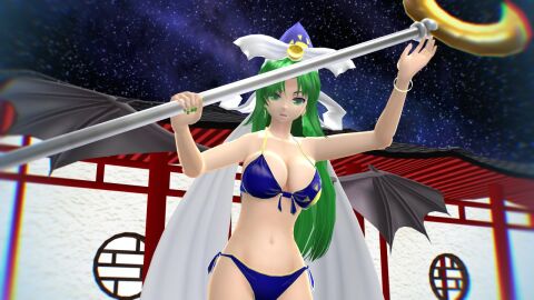 1girls 2024 3d bat_wings bikini blue_hat blur bracelet dark_blue_bikini female ghost_girl green-haired_female green_fingernails hati_yukkuri_mmd headwear light-skinned_female light_skin long-haired_female looking_at_viewer magician mima mima_(touhou) mmd night_sky outdoors solo_female solo_focus spirit staff stars swimsuit touhou touhou_(pc-98)