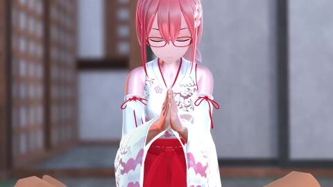 breasts female flim13 floral_print flower frilled_thigh_strap green_eyes hair_bell hair_ornament japanese_clothes large_breasts looking_at_viewer miko mmd original pink_hair seductive seductive_eyes seductive_look sideboob tagme thick_thighs thigh_strap thighs veins veiny_penis video