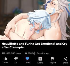 1boy 1girls after_sex ahoge arms_around_back artist_name blue_hair blush blush_lines bonesofbeskar closed_eyes closed_mouth completely_nude crying duo english_text female fingernails furina_(genshin_impact) genshin_impact hair_between_eyes highres indoors light_blue_hair light_particles long_hair male meme multicolored_hair muscular muscular_male neuvillette_(genshin_impact) nude pointy_ears pornhub reference short_hair sidelocks sitting straight streaked_hair teardrop twitter_username two-tone_hair upper_body white_hair