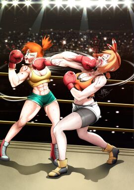 2girls abs armpits artstshiru asymmetrical_hair big_breasts bike_shorts blood_on_face blush boxing boxing_gloves boxing_ring bra breasts catfight cleavage clothing cross_counter duo exercise female female_only fight fighting_ring footwear gloves green_eyes grey_shorts gym_leader high_resolution huge_breasts in_the_face injury kasumi_(pokemon) large_breasts light-skinned_female light_skin may_(pokemon) may_(pokemon_oras) midriff misty_(pokemon) multiple_females multiple_girls muscles muscular muscular_female navel nintendo nosebleed open_mouth orange_hair pain pokemon pokemon_oras pokemon_rgby ponytail punch punching red_boxing_gloves red_gloves red_sports_bra ryona shoes short_hair short_shorts shorts side_ponytail solo spats sports_bra sportswear sweat teal_shorts thick thick_hips thick_thighs thighs tied_hair underwear wide_hips yellow_sports_bra