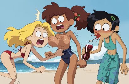 3girls accident ai_generated amphibia anne_boonchuy beach breasts_out disney marcy_wu sasha_waybright
