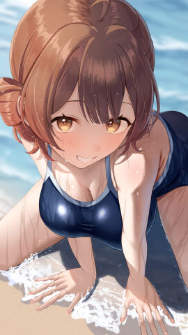 absurdres ahoge all_fours bare_arms bare_shoulders beach blue_one-piece_swimsuit blush breasts brown_hair cleavage day dot_nose female gakuen_idolmaster grin hair_bun hanami_ume hands_on_ground highres idolmaster large_breasts leaning_forward legs_apart looking_at_viewer medium_hair one-piece_swimsuit orange_eyes outdoors ray_mil68 sand school_swimsuit single_side_bun smile swimsuit water wet