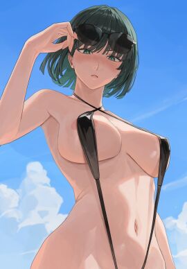 ano_(gccx8784) areola_slip bikini black-framed_eyewear black_slingshot_swimsuit blue_sky bob_cut breasts commentary_request covered_nipples day eyewear_on_head female fubuki_(one-punch_man) green_eyes green_hair highres large_breasts navel one-punch_man parted_lips revealing_clothes short_hair side-tie_bikini_bottom sky slingshot_swimsuit solo stomach sunglasses swimsuit underboob upper_body