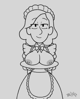 1girls big_breasts blagzdeath boobs_on_tray boobs_out breasts breasts_on_tray breasts_out female hilda_(series) johanna_(hilda) looking_at_viewer maid maid_outfit maid_uniform milf smiling smiling_at_viewer sultry_eyes tits_on_a_platter tits_out