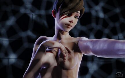 1girls 3d blindout blizzard_entertainment breasts brown_hair female nipples overwatch short_hair solo tracer