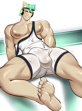 1boy arm_support backwards_baseball_cap balls balls_bulge baseball_cap big_bulge big_chest big_pecs black_mankini bulge cat_ear_headphones cocky feet feet_towards_viewer gasaiv green_hair headphones headphones_on_head holding_mankini legs_apart looking_at_viewer male male_only mankini mankini_ass_view muscular muscular_arms muscular_chest muscular_thighs naughty_face nipples original_character pecs penis penis_exposed_on_mankini penis_outline pov pov_eye_contact reclining sitting skin_tight smile smiling_at_viewer solo solo_male taking_off_mankini tight_clothing white_mankini wrestling_outfit wrestling_singlet