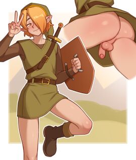 1boy 2d androgynous ass balls blonde_hair boots bottomless caleb_(dross) color cosplay dross femboy femboy_only foreskin light-skinned_male light_skin link link_(cosplay) male male_only original original_character partially_clothed penis skinny small_penis solo the_legend_of_zelda the_legend_of_zelda_(nes) thighs uncircumcised uncut yellow_eyes