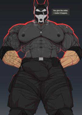 2025 abs alfonz_(reachea) anthro areola bara belt biceps big_bulge big_muscles big_pecs black_background bodily_fluids bone bone_mask bottomwear breath bulge canid canine canis clothed clothing deltoids dialogue dobermann dog_tags domestic_dog english_text erection erection_under_clothing eyewear front_view genital_fluids hands_behind_back headgear hi_res huge_muscles looking_at_viewer male mammal manly mask muscles muscular muscular_anthro muscular_male navel nipples obliques outline pants pecs pinscher precum precum_through_clothing reachea red_outline scar serratus simple_background skull skull_mask solo standing sunglasses talking_to_viewer tattoo text thick_arms thick_thighs topless topless_anthro topless_male triceps vein veiny_muscles wet wet_clothing yaoi