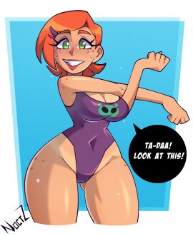 1girls 2d 2d_(artwork) 5_fingers accessory aged_up artist_name artist_signature ass ass_visible_through_thighs athletic athletic_female bare_arms bare_legs bare_shoulders bare_thighs ben_10 big_ass big_breasts big_butt big_thighs blue_background blush blushing bottom_heavy breasts busty cartoon_network chest cleavage clenched_hand clenched_teeth clothed clothed_female clothes clothing curvaceous curvy curvy_female curvy_figure digital_drawing_(artwork) digital_media_(artwork) english_text exposed_shoulders eyebrows eyebrows_raised eyelashes eyeshadow fat_ass fat_butt female female_focus female_only fit fit_female freckles freckles_on_face freckles_on_thighs front_view ginger glistening glistening_body glistening_breasts glistening_butt glistening_clothing glistening_eyes glistening_hair glistening_skin green_eyes gwen_tennyson hair_accessory hairclip hi_res hourglass_figure huge_ass huge_breasts huge_butt huge_thighs human large_ass large_butt large_thighs light-skinned_female light_skin lips lipstick makeup mascara navel navel_visible_through_clothes no_bra no_panties no_underwear noctz one-piece_swimsuit orange_hair pose posing purple_swimsuit raised_eyebrows red_lips red_lipstick revealing_clothes revealing_swimsuit seductive seductive_eyes seductive_look seductive_smile shiny_ass shiny_breasts shiny_clothes shiny_hair shiny_skin short_hair simple_background skimpy skimpy_clothes skin_tight smile smiling_at_viewer solo solo_female speech_bubble standing stretching swimsuit swimwear talking talking_to_viewer tan tan_body tan_skin tanline teeth teeth_showing text thick_thighs thighs tight_clothing tight_fit upper_body voluptuous voluptuous_female white_border wide_hips