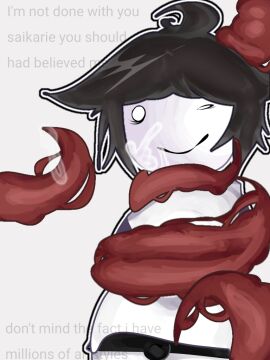 2d 2d_(artwork) 2d_artwork ;) black_hair black_shorts bulge cum cum_in_mouth femboy hurt icystat looking_away male messy_hair pale_skin roblox robloxian saikarie12 struggling_prey tentacle tentacle_sex thick_thighs tired white_shirt