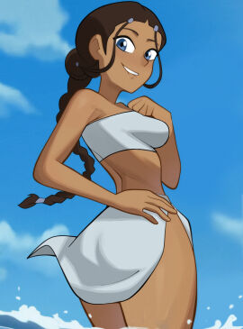 1girls avatar_legends avatar_the_last_airbender biting_own_lip blue_eyes blue_sky braid breasts brown_hair clothes_lift cloud commentary cumulonimbus_cloud cute dark-skinned_female dark_skin english_commentary female female_focus female_only from_behind highres katara long_hair looking_at_viewer medium_breasts newguy1091 nickelodeon nicktoons official_alternate_costume outdoors pinup rear_view sarashi shiny_skin side_slit sky smile solo solo_female solo_focus standing strapless strapless_bikini swimsuit swimsuit_skirt thick_thighs wading water