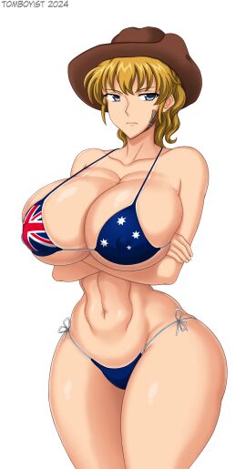 07th_expansion 1girls australia australian_flag big_breasts bikini blonde_hair blue_eyes breasts busty child_bearing_hips cleavage covered_nipples crossed_arms curvy female female_only flag_bikini flag_print hat highres jessica_ushiromiya large_breasts legs looking_at_viewer medium_hair national_personification navel ponytail pose posing solo swimsuit tan tanline thick_thighs thighs thong_bikini tomboyist toned umineko_no_naku_koro_ni unamused voluptuous wide_hips