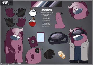 absurd_res among_us balls biography blue_eyes bodily_fluids boots clothing coat color_swatch colored crewmate_(among_us) cum digital_drawing_(artwork) digital_media_(artwork) disability drugs english_text eyewear eyewear_on_head gear genital_fluids genitals goggles goggles_on_head greying_hair hi_res humanoid_genitalia humanoid_penis hybrid innersloth james_mulberry_(demon_ascended) labcoat male male_focus male_only maroon_body medication model_sheet non-human non-human_only overalls penetration penile penile_penetration penis pills pink_body prosthetic prosthetic_hand scar signature solo tablet text toony topwear toxic_love_nsfw vitiligo