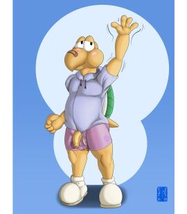 2024 4_fingers absurd_res balls band-aid bandage blush blush_lines boots bottomless boxers_(clothing) clothed clothing colored digital_media_(artwork) fingers flaccid foreskin garo_(artist) genitals gesture green_koopa_troopa hi_res hoodie hoodie_only humanoid_genitalia koopa koopa_troopa koops looking_away male mario_(series) mario_bros motion_lines nintendo paper_mario paper_mario:_the_thousand_year_door penis purple_shorts saggy_balls scalie shaded shell shy simple_background solo standing topwear topwear_only uncircumcised underwear waving waving_at_viewer