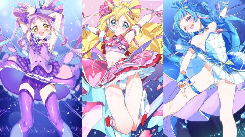 16:9 aokaze_nana breasts cure_idol cure_kyunkyun cure_wink female kimi_to_idol_precure nico0510 precure pretty_cure sakura_uta shigure_kokoro wallpaper