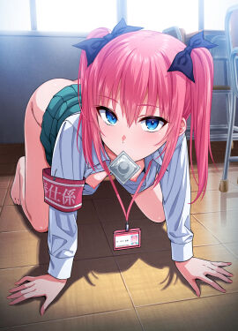 all_fours armband blue_eyes bow breasts chair classroom collarbone collared_shirt commentary condom_in_mouth desk dress_shirt female green_skirt hairbow highres id_card indoors lanyard light_blush long_hair long_sleeves looking_at_viewer machida_aira_(tsukimoto_kizuki) nipples no_panties open_clothes open_mouth open_shirt original petite petite_body petite_female pink_armband pink_hair pleated_skirt school_chair school_desk school_uniform shirt sidelocks skirt small_breasts tile_floor tiles tsukimoto_kizuki twintails window