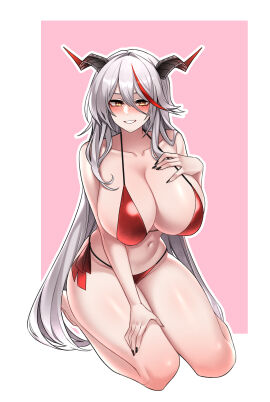 1girls absurdres aegir_(azur_lane) alternate_costume azur_lane bikini black_horns black_nails blush breasts collarbone curvy demon demon_girl demon_horns dogs_(dlrkdejr26) female fingernails grey_hair hair_between_eyes hand_on_own_chest hand_on_own_thigh highres horns huge_breasts iron_blood_(azur_lane) light-skinned_female light_skin long_hair multicolored_hair nail_polish nose_blush red_bikini red_hair seiza sitting smile solo streaked_hair swimsuit very_long_hair yellow_eyes