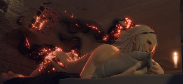 1boy 3d 3d_(artwork) anal_fingering anal_sex bed bedroom blender blender_eevee book candle claws crying dark_hand dark_hands finger_claws fingering gay gay? gay_sex grabbing_hair grabbing_pillow grimoire_weiss hair_grab hand_on_butt hand_on_hair hands_on_ass holding_pillow magic male/male male_penetrated nier nier_(character) nier_(series) nier_replicant on_stomach pillow sentient_object sex tears