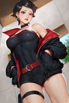 abdominals background belt big_breasts boruto:_two_blue_vortex breasts choker cleavage clothed clothing covered_abs covered_navel earrings erect_nipples female glasses hands_in_pockets highres jacket jewelry naruto naruto_(series) neoartcore nipples off_shoulder open_clothes open_jacket paid_reward_available parted_lips red_eyes sarada_uchiha sharingan short_hair short_shorts shorts solo strapless tight_clothes toned tube_top uchiha_sarada variant_set