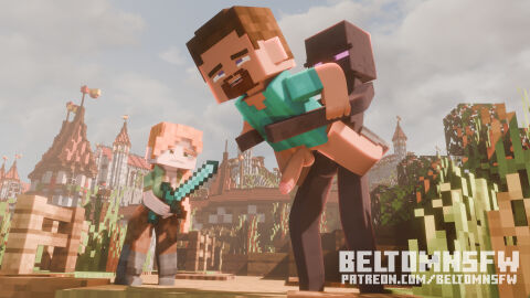 1boy 1girls 3d alex_(minecraft) anal anal_sex beltomnsfw big_breasts blender blender_(software) blender_eevee blue_eyes both_sexes_in_same_situation breasts carrying carrying_partner detailed_background enderman erect_penis eye_contact female gay glowing_eyes green_eyes male minecraft penis public purple_eyes scared steve_(minecraft) sword whimp yaoi