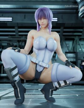 1girls cybrokrimson female ghost_in_the_shell kneeling kusanagi_motoko legs_apart leotard solo white_leotard