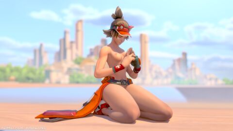 1girls 3d ass beach belt blender blender_eevee blizzard_entertainment breasts brown_hair casual dzooworks female footwear green_eyes handwear highres human kiriko_(overwatch) lifeguard lifeguard_kiriko light-skinned_female light_skin naked_footwear nudist overwatch overwatch_2 pale-skinned_female pale_skin partially_clothed public public_nudity skinny small_breasts thick_ass thick_thighs video_games watermark