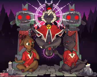 2023 3_eyes 5:4 anthro antlers balls bell bell_collar big_balls black_body black_fur bodypaint bottomless bovid brown_body brown_fur candle capelet caprine claws closed_eyes clothed clothing collar crossed_legs cult cult_of_the_lamb cultist deer digital_drawing_(artwork) digital_media_(artwork) domestic_cat face_paint felid feline felis femboy floating fur gasp gay gay_male genital_markings genitals group hi_res hoof_hands hooves horn lamb_(cult_of_the_lamb) looking_at_genitalia looking_at_penis male mammal markings massive_monster_(studio) moss multi_eye narinder occult_symbol one_eye_closed outside pantsless paws penis penis_markings plant red_crown_(cult_of_the_lamb) sculpture shaded sheep shirt sigil signature sitting statue symbol topwear tree trio tyelle_niko wink wool_(fur)