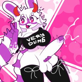 1futa anthro balls big_breasts black_clothing black_legwear black_shirt black_stockings black_topwear bodily_fluids breasts cel_shading clothed clothing cum english_text erection fingers fur fur_tuft futa_only futanari genital_fluids genitals gesture hair hand_gesture herm hi_res horn humanoid_genitalia humanoid_penis hybrid intersex lagomorph legwear leporid looking_at_viewer mammal markings mask masturbation multicolored_body multicolored_fur multicolored_penis oxyoxyoxyox pantsless pantsless_anthro penile penile_masturbation penis pink_eyes procyonid purple_body purple_fur rabbit raccoon shaded shirt simple_background smile solo solo_focus stockings striped_body striped_fur striped_markings striped_tail stripes t-shirt tail tail_markings text thick_thighs thigh_highs topwear tuft v_sign white_body white_fur white_hair