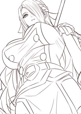 anti-demon_corps_uniform azuma_fubuki belt belt_buckle breasts buckle female hair_over_one_eye large_breasts long_hair looking_down mato_seihei_no_slave milf pelvic_curtain spear viewed_from_below wanzi_(99wanzi99) weapon