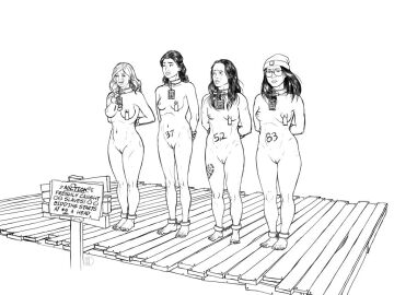 4girls angry areolae awkwafina beanie black_and_white black_hair blonde_hair bondage breasts celebrity collar crying dark_hair drawing ellen_page female female_only glasses human jennette_mccurdy large_breasts long_hair medium_breasts monochrome multiple_females multiple_girls nipple_tag nipples nude pussy shaved_pussy slave slave_auction slave_girl small_breasts straight_hair tears tittydispenser tiya_sircar