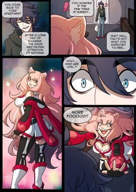 1boy 1girls alien alien_girl alien_humanoid animal_ears black_hair cat_ears character_request comic female heterochromia kinkymation light_blue_eyes lilyggoth_(kinkymation) male multicolored_hair original original_character pink_eyes pink_hair red_eyes sharp_teeth tagme