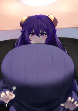 1girls artist_request big_breasts breasts demon demon_girl demon_horns female gigantic_breasts hi_res highres huge_breasts large_breasts looking_at_viewer looking_down mel_(shiro) open_mouth pov purple_eyes purple_hair ribbed_sweater succubus sweater