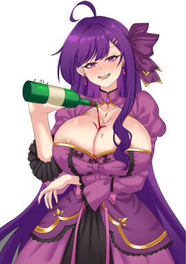 1girls ahoge alternate_breast_size blush bottle breasts cleavage dress drooling earrings enaria_liliales eyebrows_visible_through_hair female female_only hair_ornament hairclips huge_breasts indie_virtual_youtuber light-skinned_female light_skin nose_blush puffywaffles purple_eyes purple_hair solo virtual_youtuber wine wine_bottle wine_on_breasts