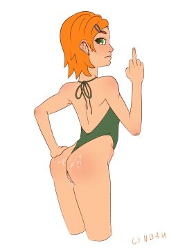 1girls angry ben_10 blush cum_drip cum_in_pussy cum_on_body cynbau exposed_pussy female female_only green_eyes gwen_tennyson gwen_tennyson_(classic) human middle_finger pussy red_hair solo swimsuit