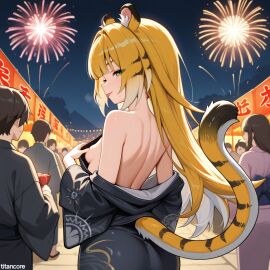 (titancore) ai_generated crowd curvy_figure cute_girl female festival fireworks girl green_eyes ju_fufu ju_fufu_(zenless_zone_zero) kimono night showing_breast small_breasts smirking smirking_at_viewer teasing_viewer tiger_ears tiger_girl tiger_stripes tiger_tail video_game_character zenless_zone_zero